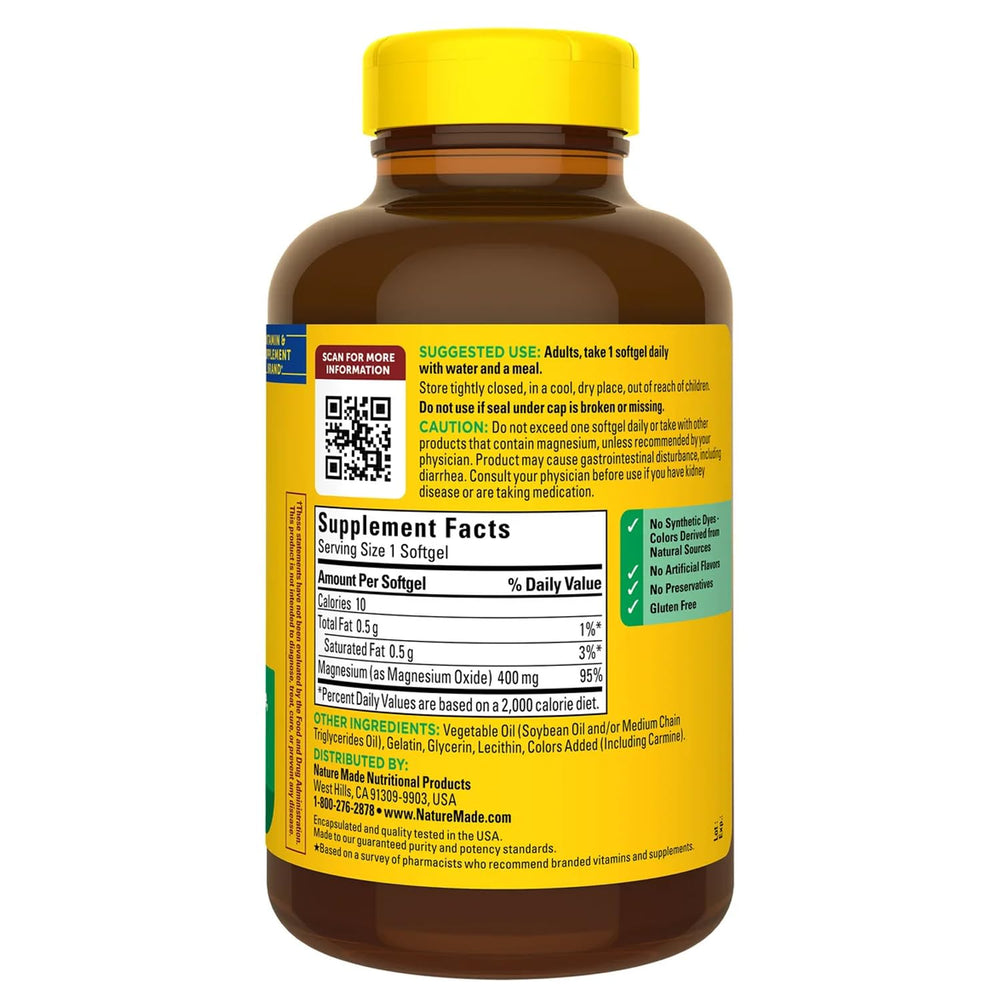 Back label of magnesium bottle with supplement facts