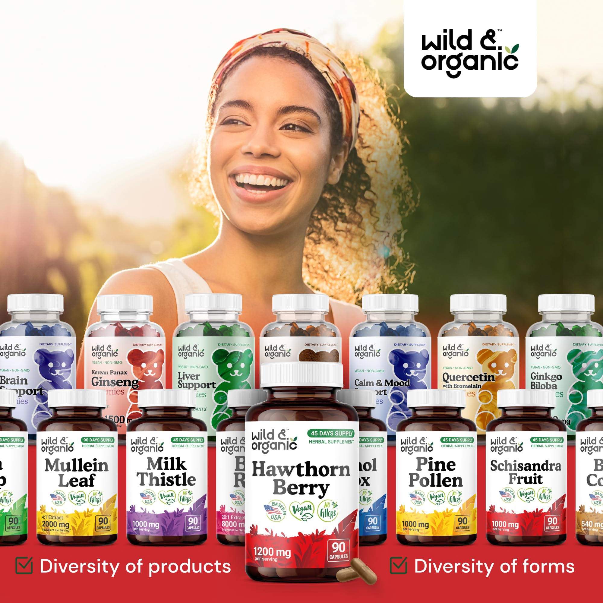 Bottle featuring Wild & Organic branding and 90 capsules.