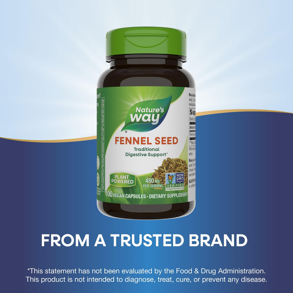 Front of fennel seed bottle packaging showing 100 capsules