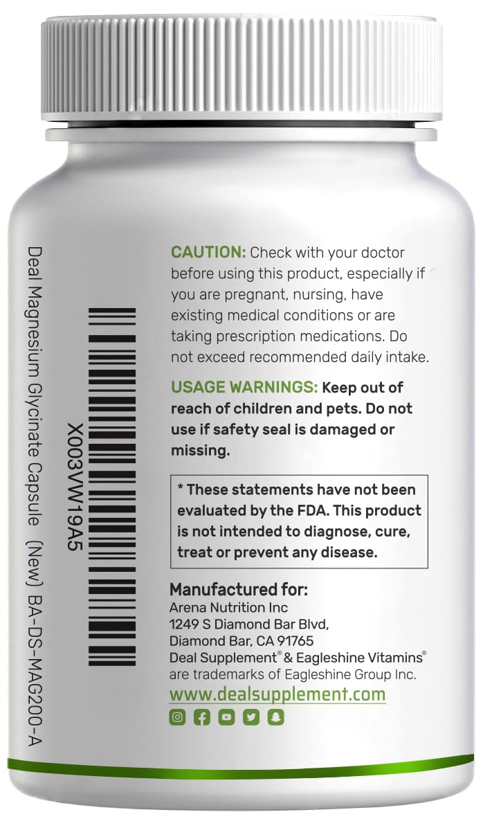 Full bottle of magnesium glycinate containing 240 capsules