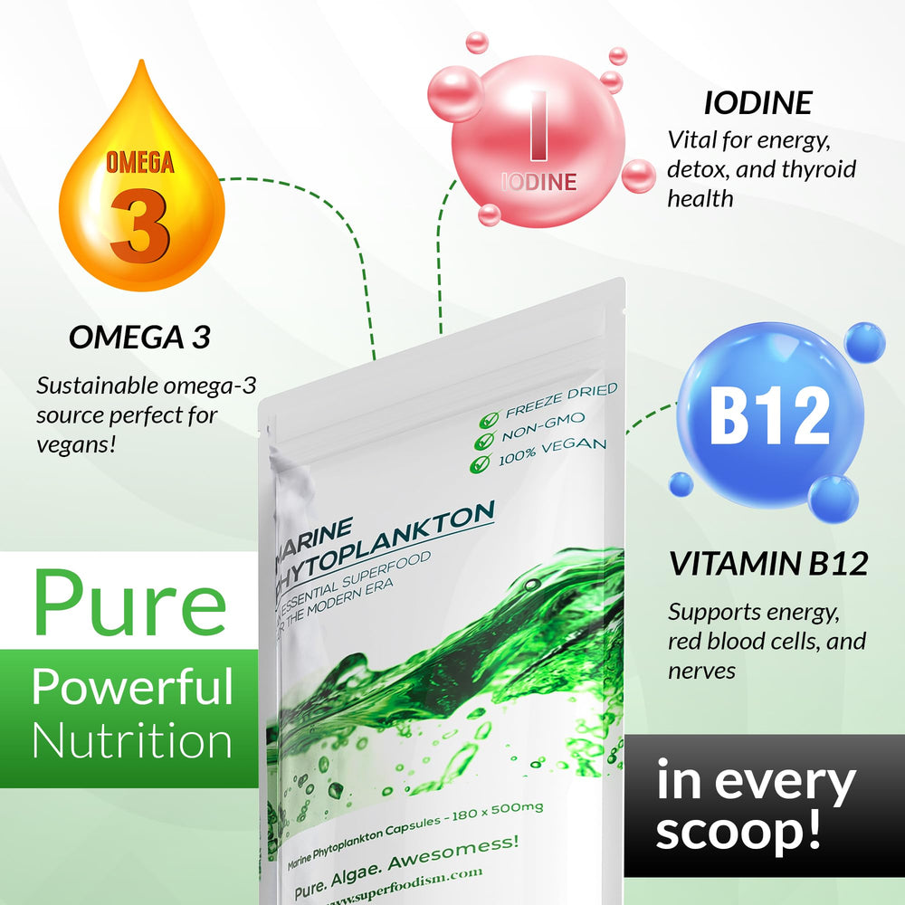 Bottle of SuperFoodISM marine phytoplankton supplement on table