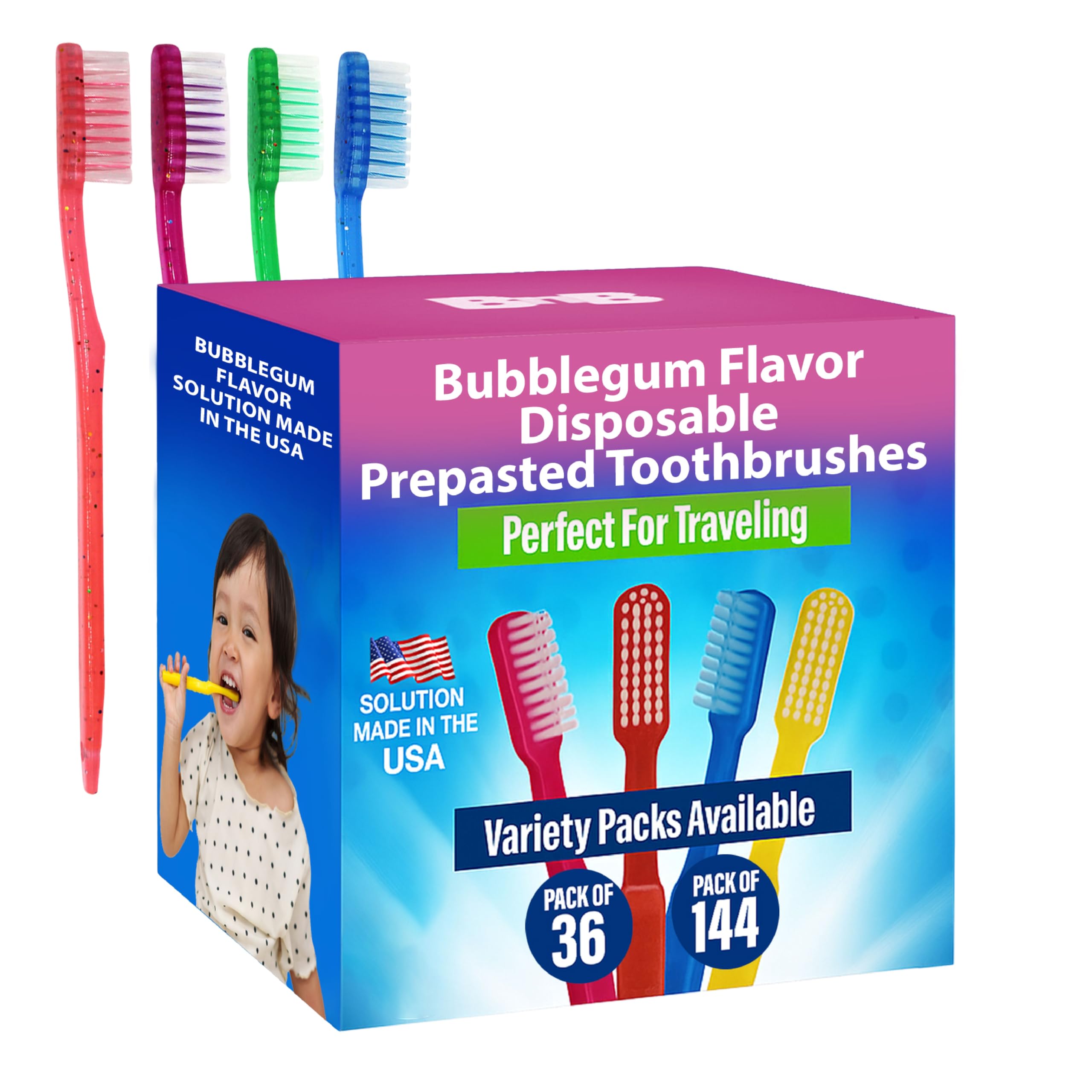 144-pack Bottles N Bags kids prepasted toothbrushes bubblegum color, individually wrapped