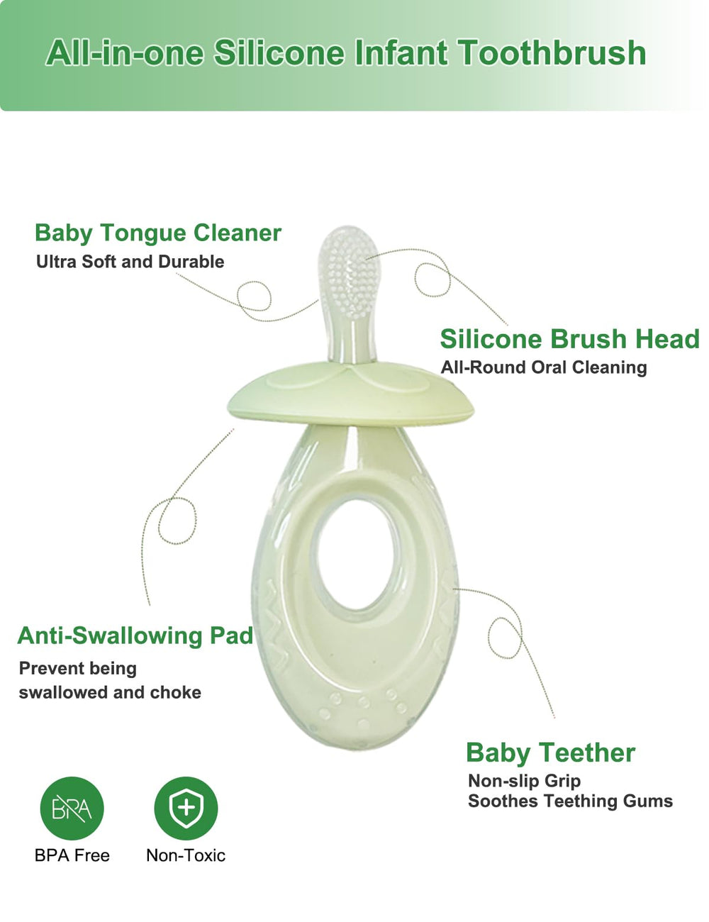 Silicone baby toothbrush close-up with soft bristles