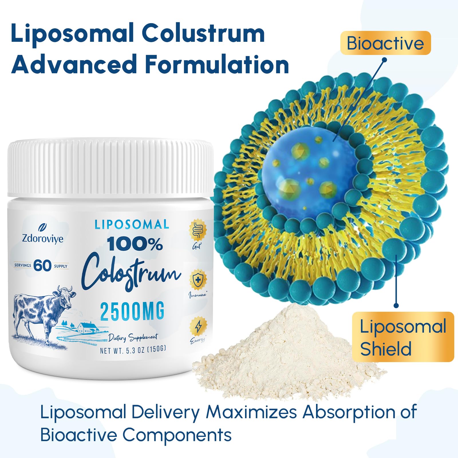 Serving scoop of liposomal bovine colostrum powder