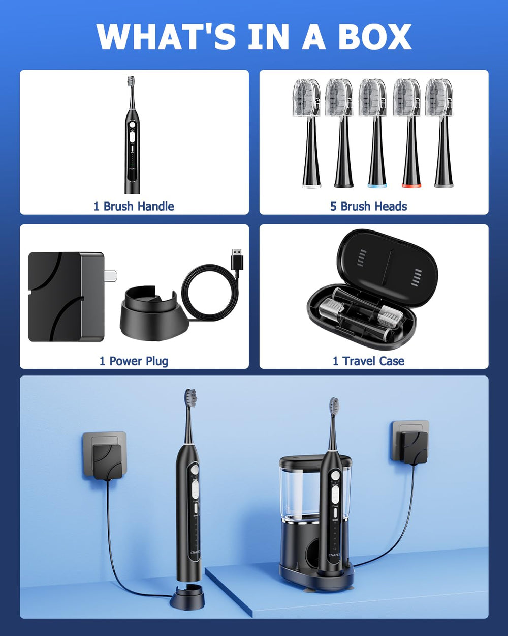 Box contents: toothbrush, brush heads, reservoir, manual and case