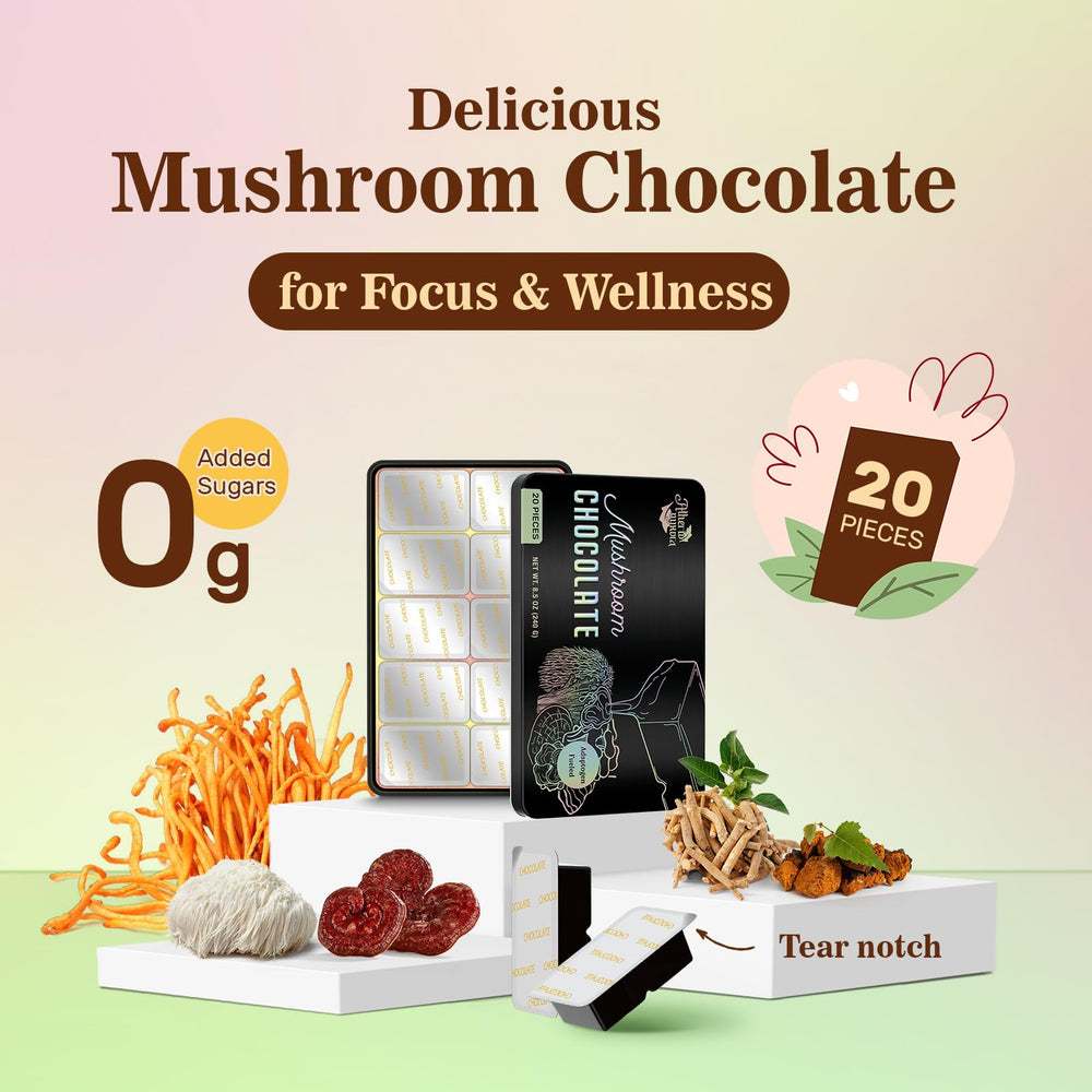 Box featuring functional mushroom chocolate bars and mushroom imagery
