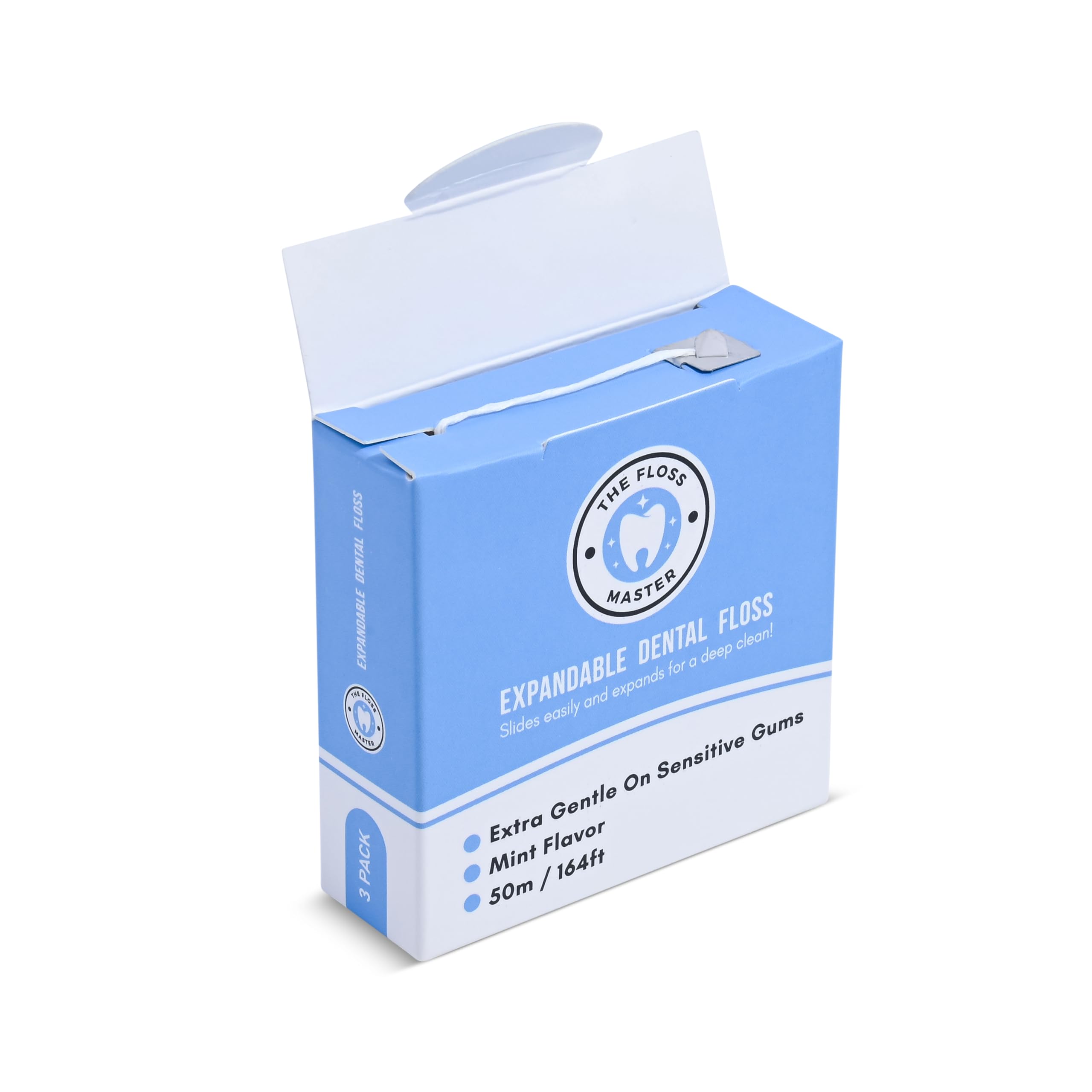 Box packaging for expandable dental floss 3-pack