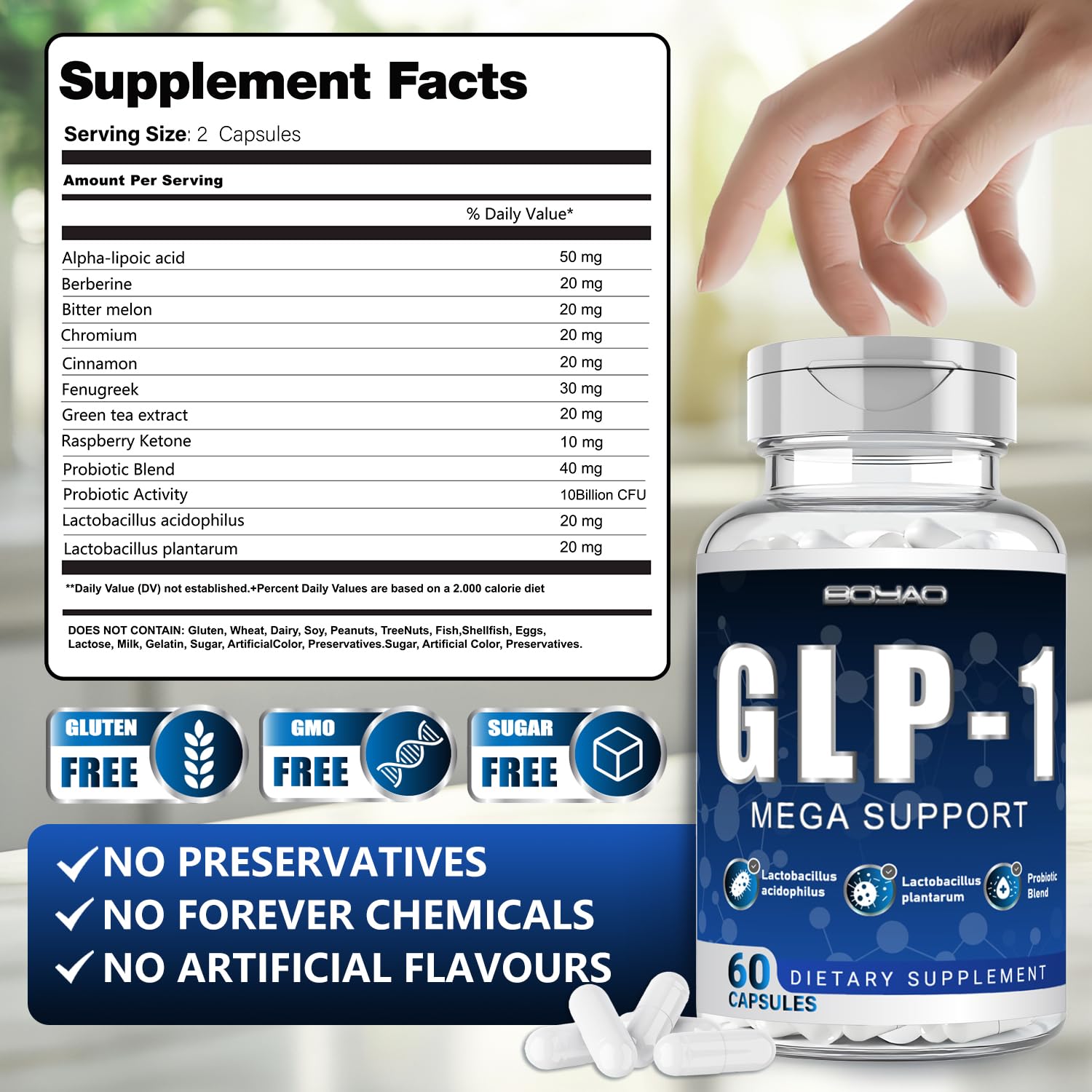 BOYAO GLP-1 capsules side view highlights gluten-free daily wellness packaging.