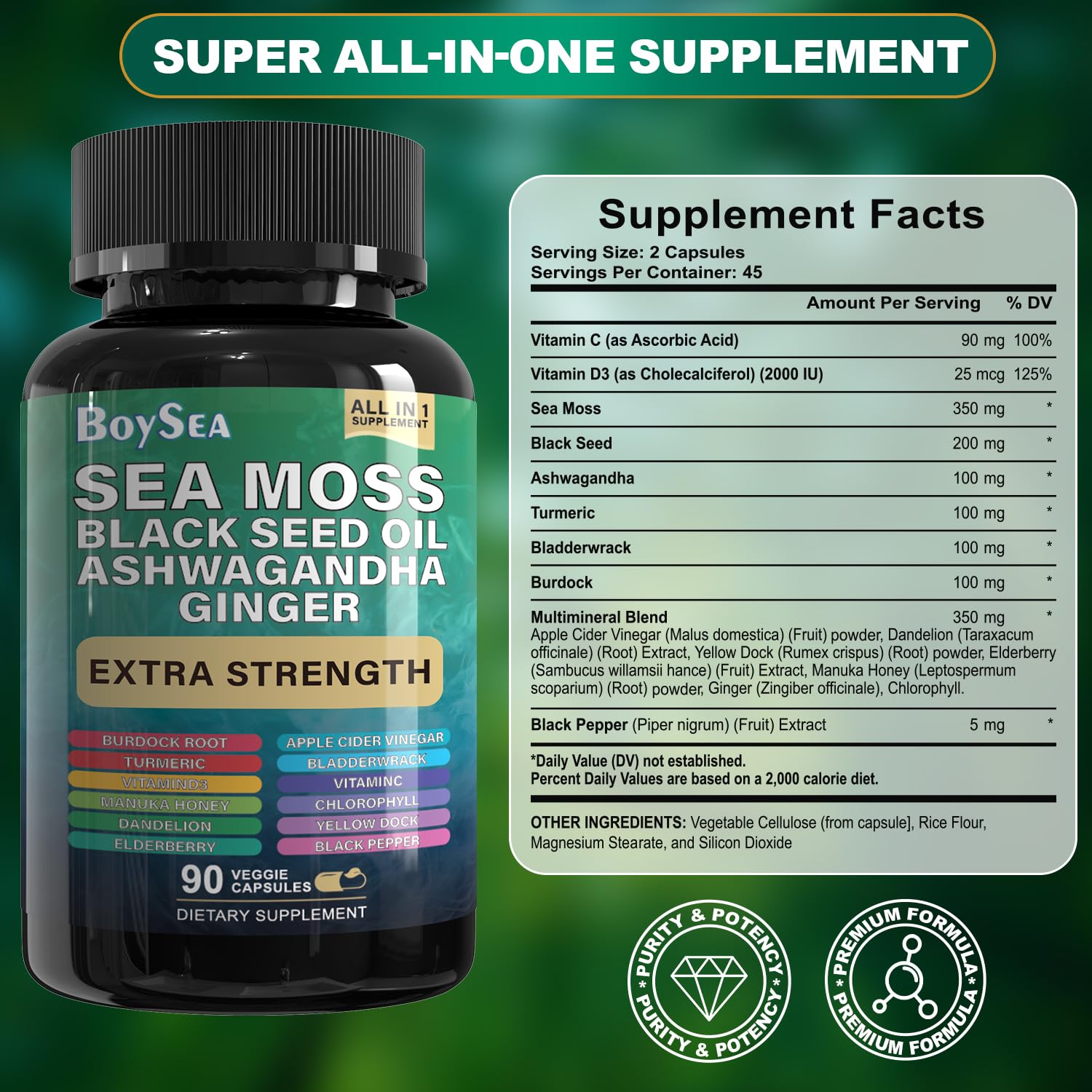 Sea Moss capsule bottle with complementary labeling