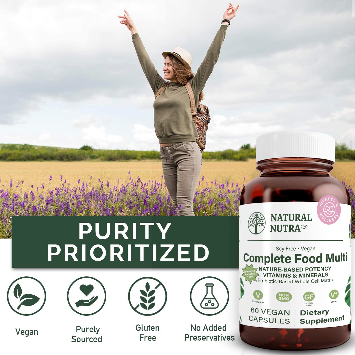 Amber glass bottle with BPA-free packaging for Natural Nutra multivitamin