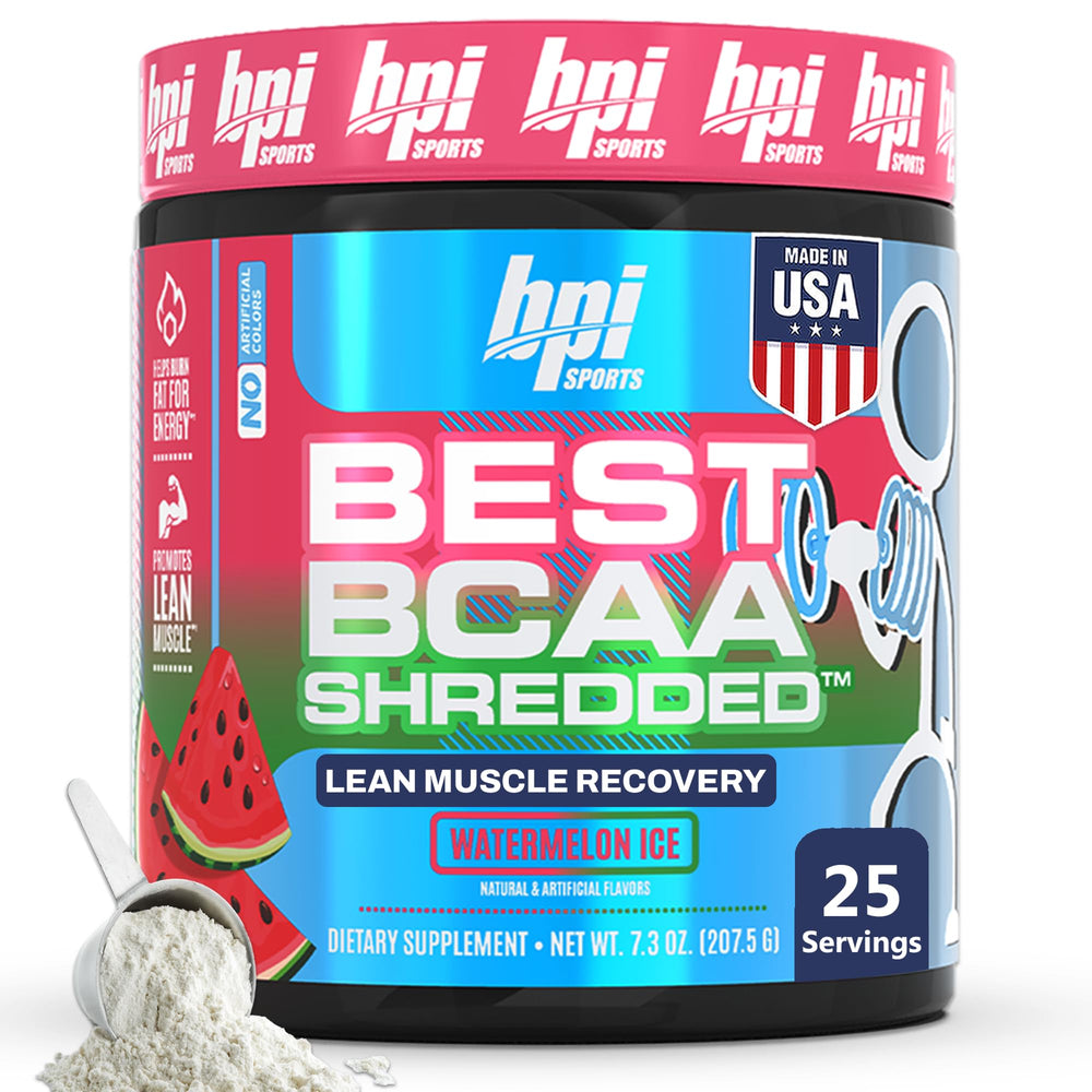 Front label of BPI Best BCAA Shredded Watermelon ICE 25 servings
