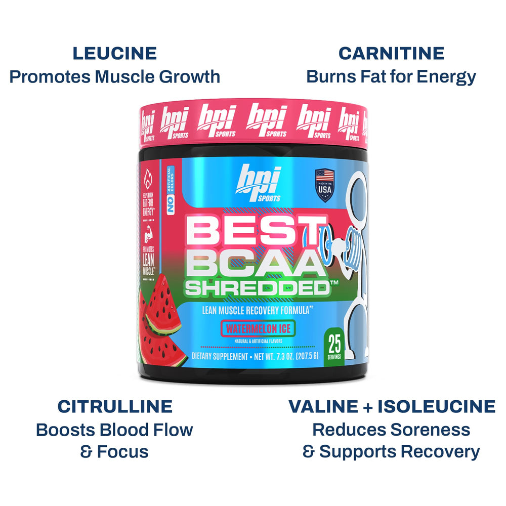 Caffeine-free label on BPI Best BCAA Shredded Watermelon ICE container