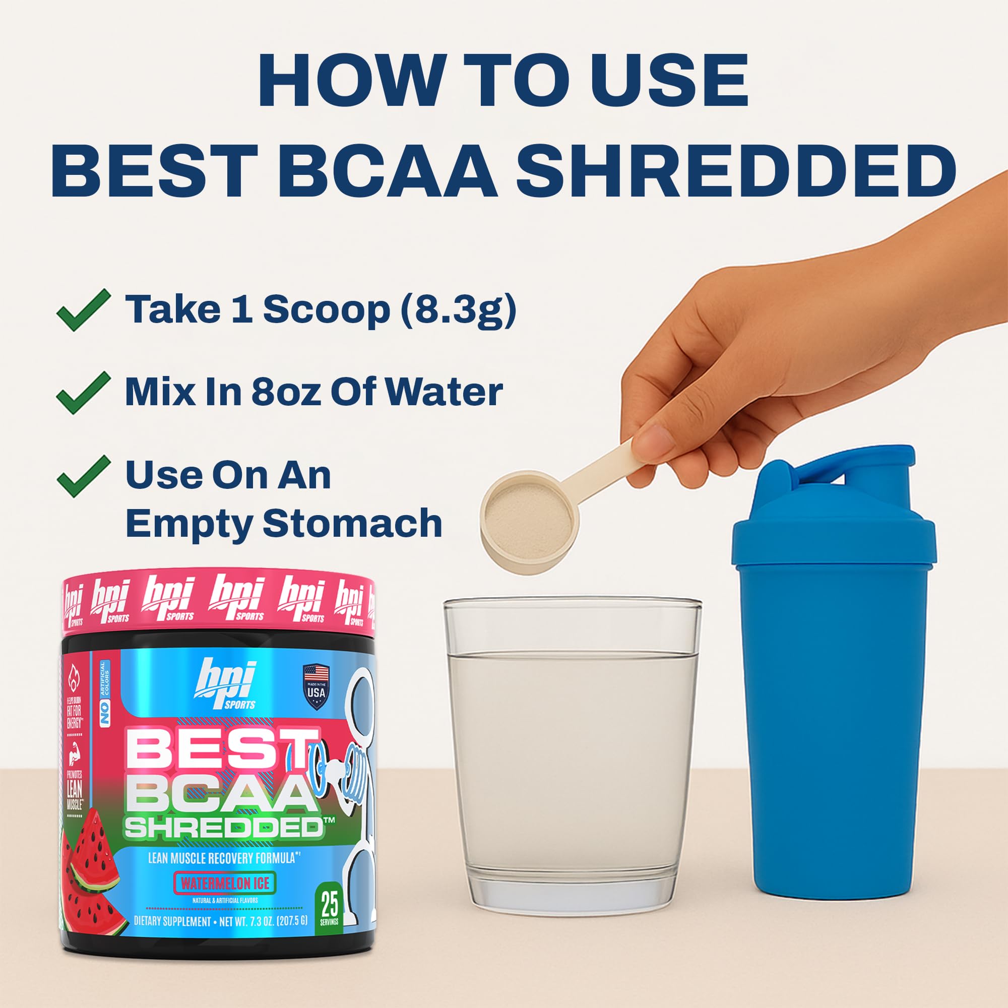Serving scoop added to water with BPI Best BCAA Shredded Watermelon ICE