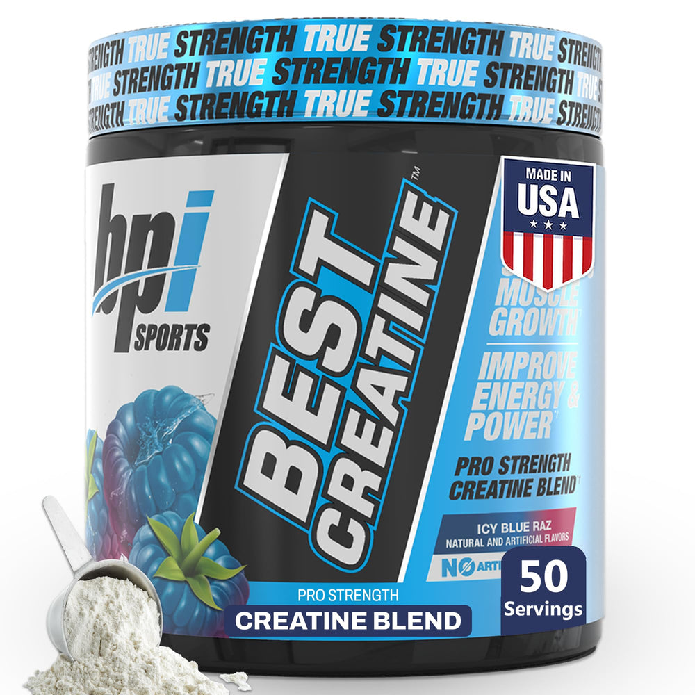 BPI Best Creatine bottle label - Icy Blue Raz flavor