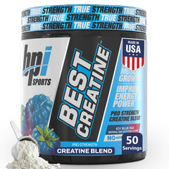 BPI Best Creatine bottle label - Icy Blue Raz flavor