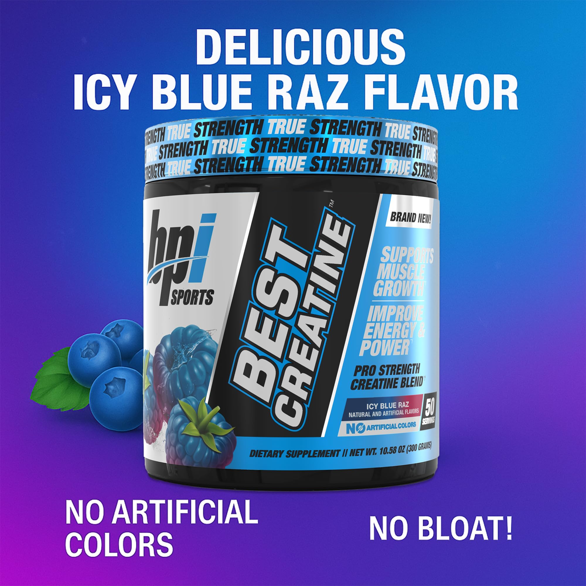Creatine monohydrate powder scoop with Icy Blue Raz