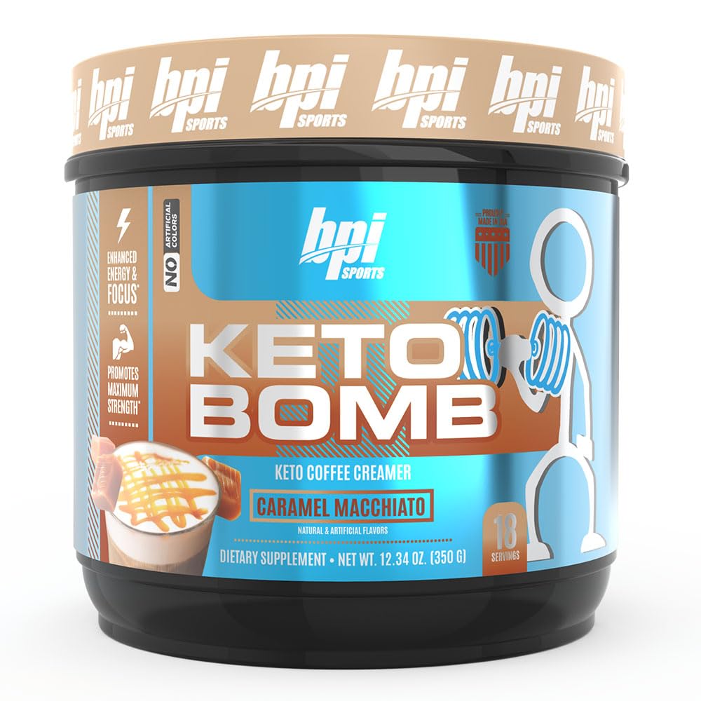 Bottle of BPI Keto Bomb Coffee Creamer with caramel macchiato flavor