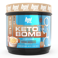 Bottle of BPI Keto Bomb Coffee Creamer with caramel macchiato flavor