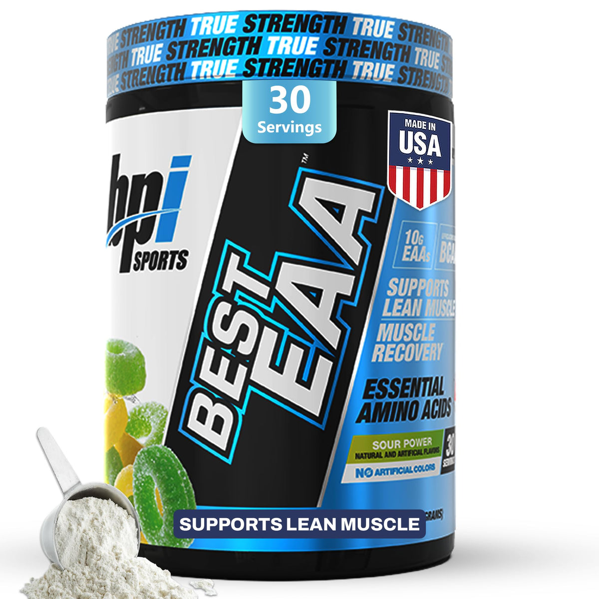 Front view of BPI Sports Essential Amino Acids EAA Powder Sour Power bottle