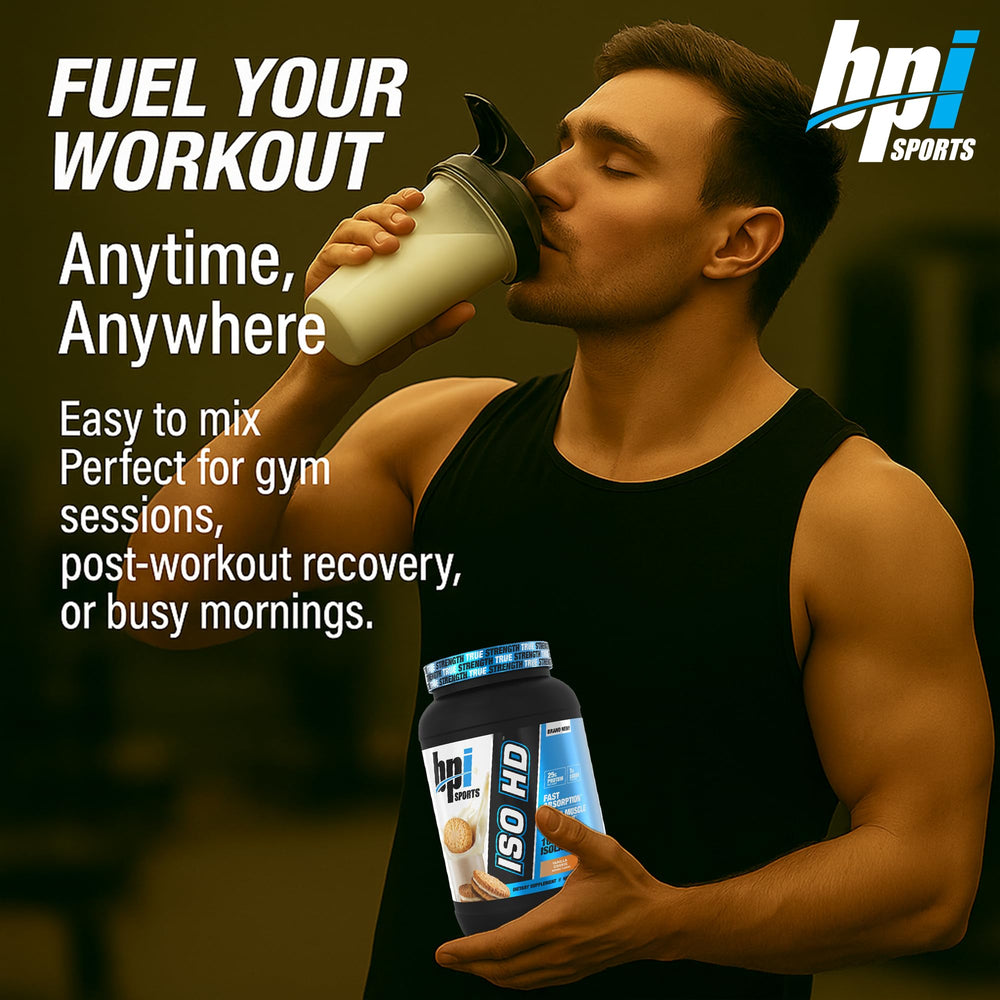 BPI Sports ISO HD bottle highlights clean protein for lean muscle support.