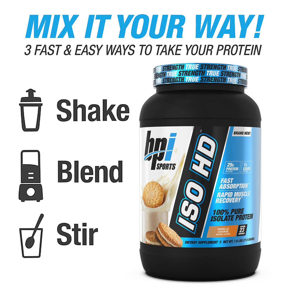 BPI Sports ISO HD post-workout shake image suggests quick protein delivery after training.