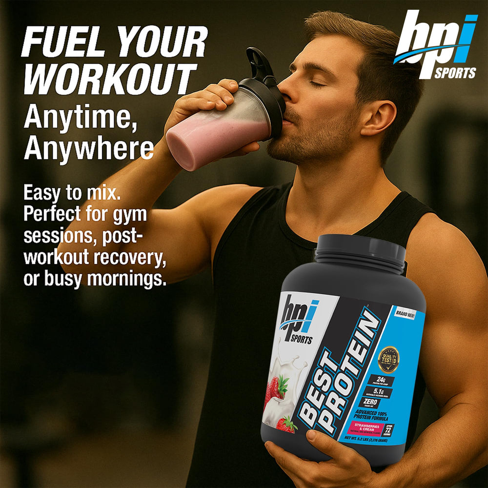 BPI Best Protein label highlights no maltodextrin or fillers for clean nutrition.