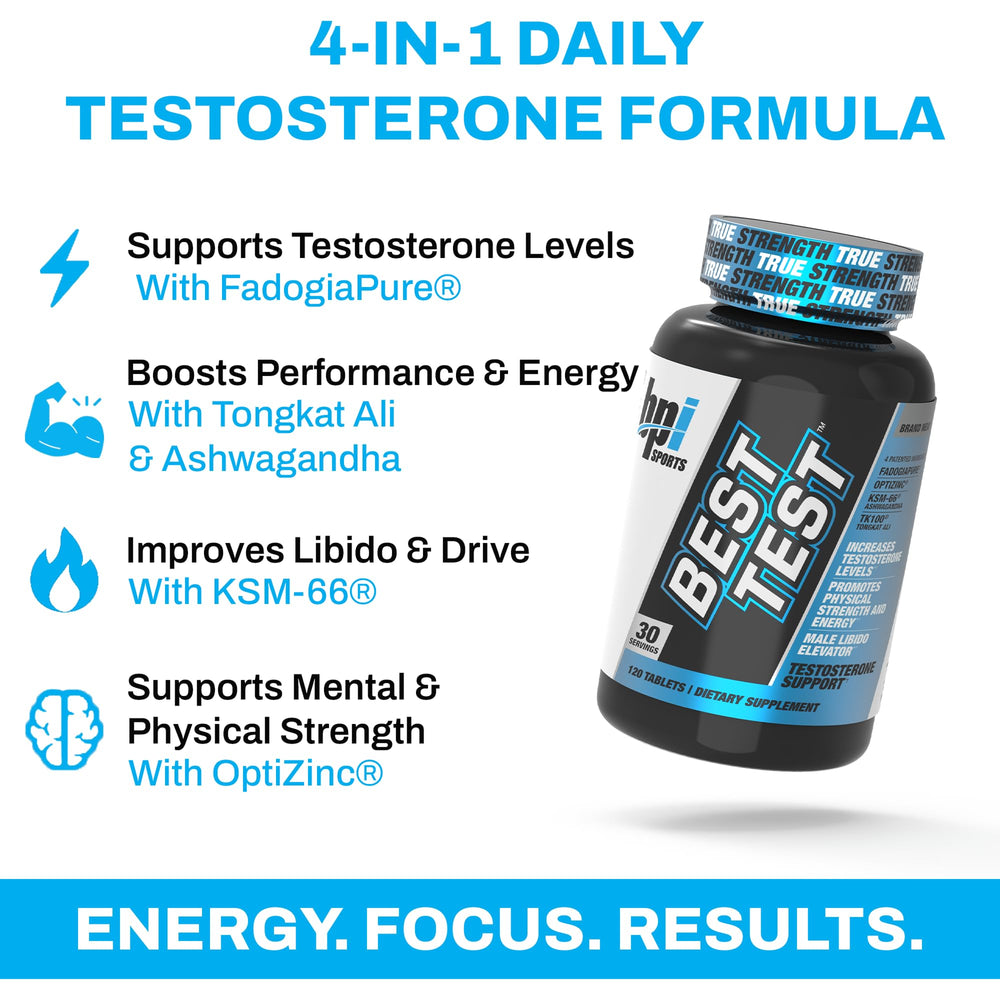 BPI Sports Best Test capsules close-up emphasizes easy daily use and energy.