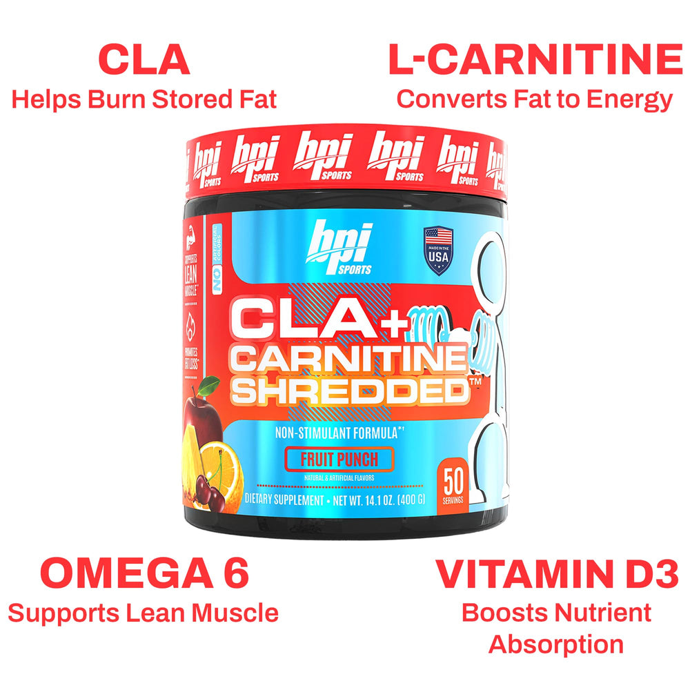 BPI Sports CLA + Carnitine Shredded bottle with prepared beverage in glass