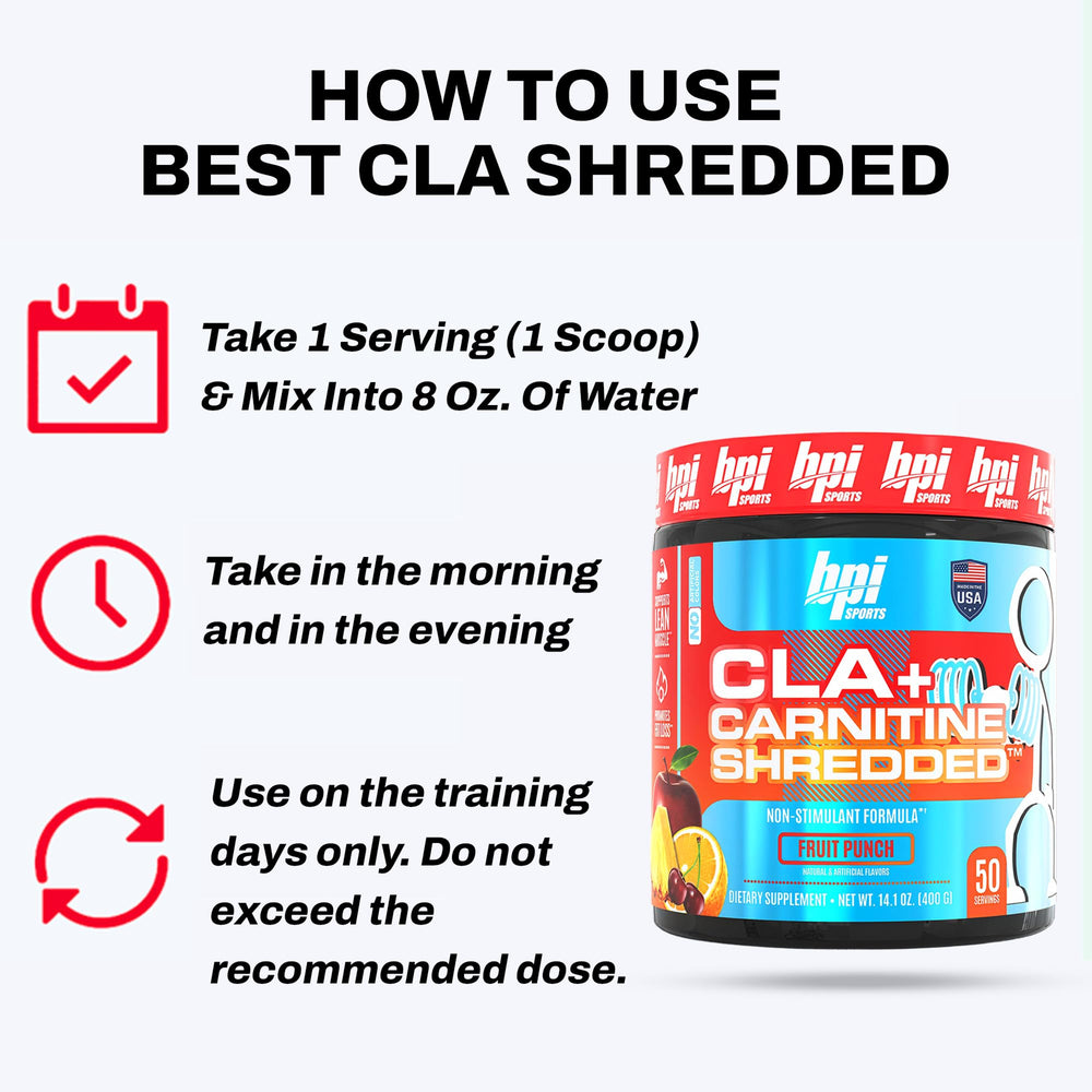 BPI Sports CLA + Carnitine Shredded label close-up with fruit-punch flavor cue