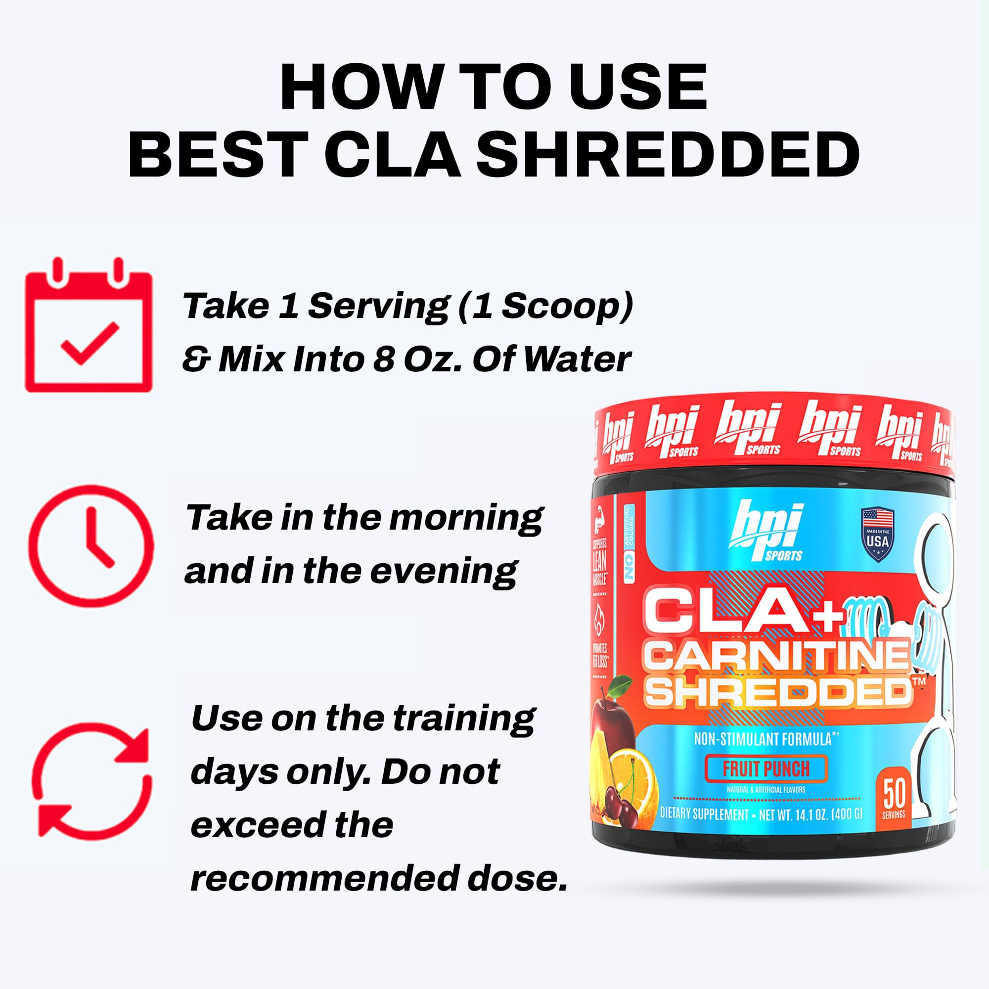 BPI Sports CLA + Carnitine Shredded label close-up with fruit-punch flavor cue