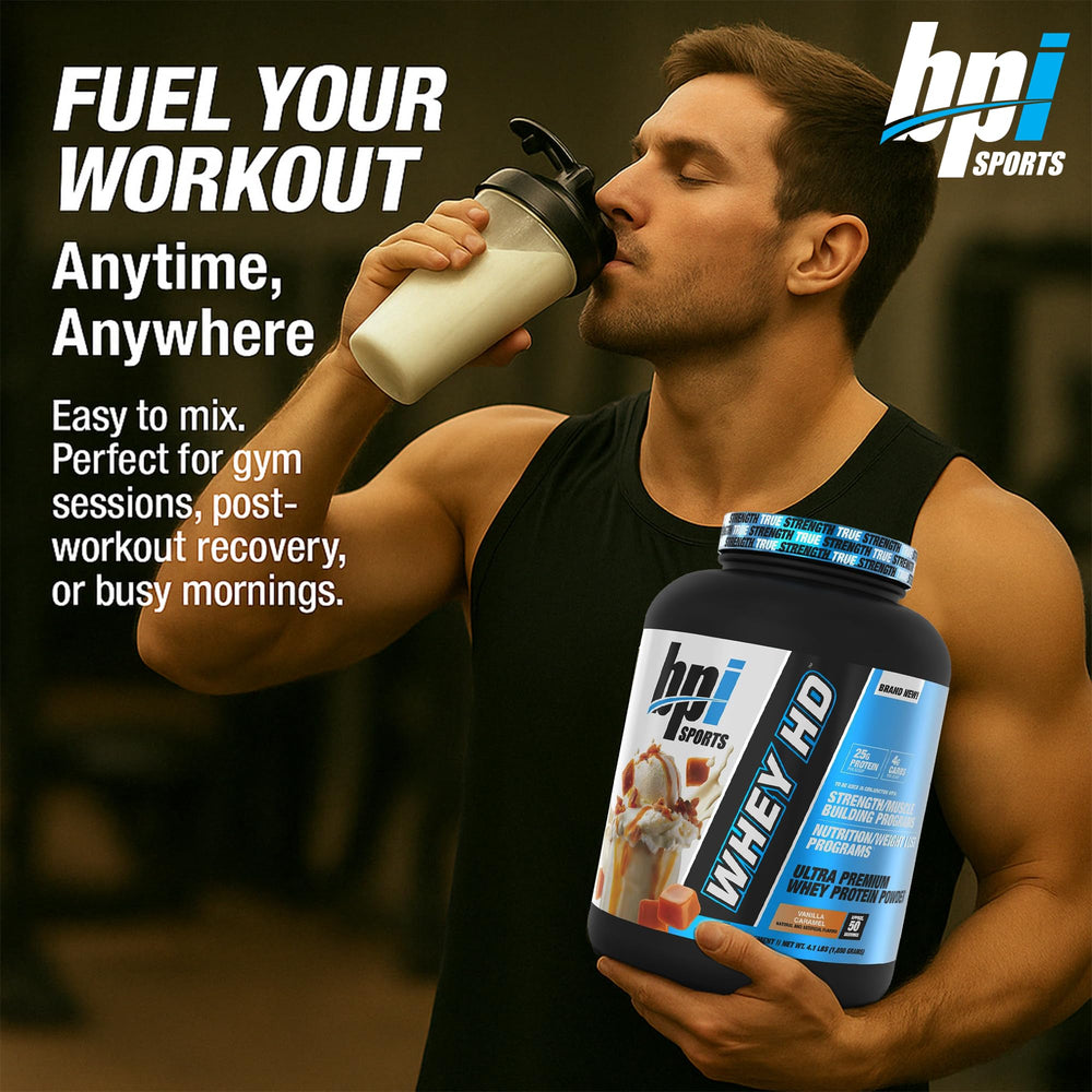 BPI Sports Whey HD scoop emphasizes 25g protein per serving.