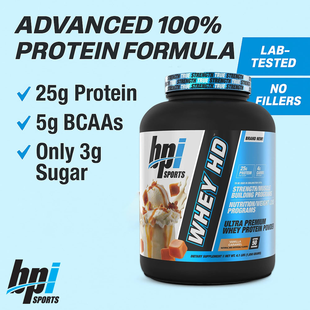 BPI Sports Whey HD shake glass showcases post-workout recovery drink.
