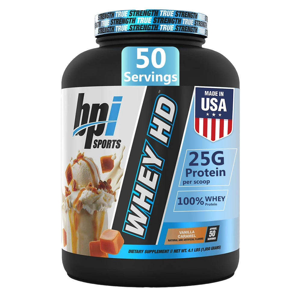 BPI Sports Whey HD tub front shows premium protein for muscle support.
