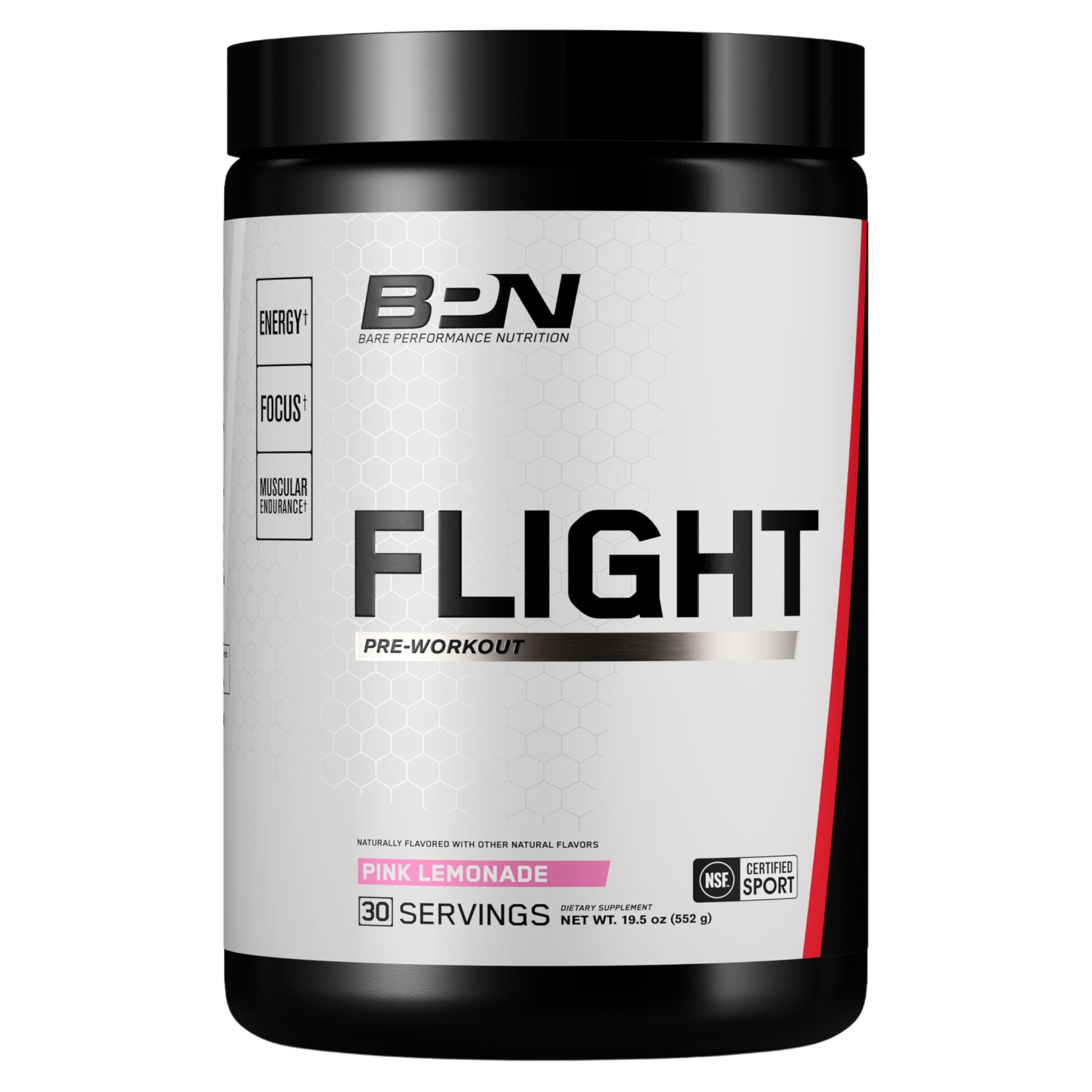 BPN Flight Pre Workout Pink Lemonade bottle front with 30 servings.