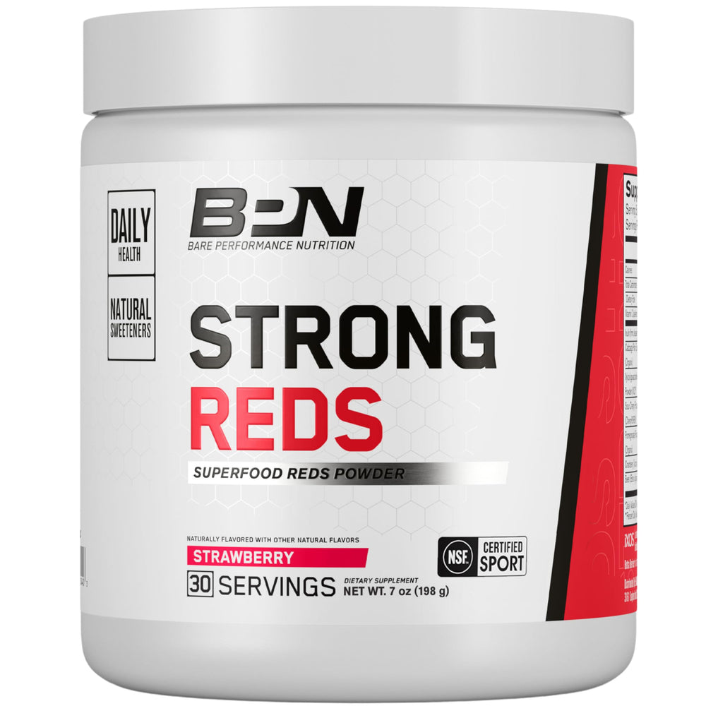 Container of BPN Strong Reds Strawberry powder with scoop