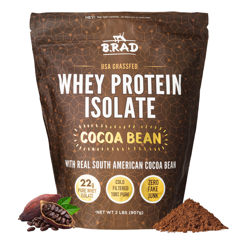 B.rad Grass-Fed Whey Isolate bottle shows ultra-pure powder ideal for post-workout shakes.