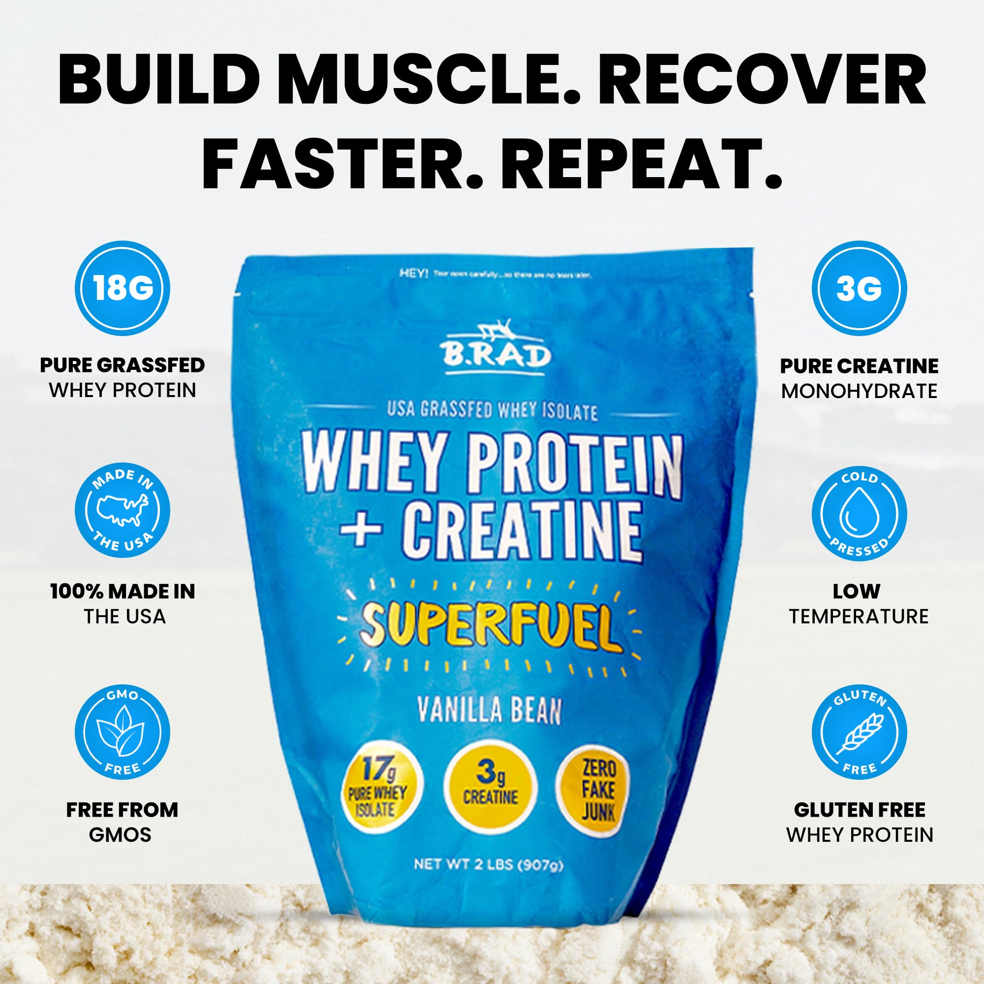 B.rad grass-fed whey ingredient closeup emphasizes clean dairy nutrition.