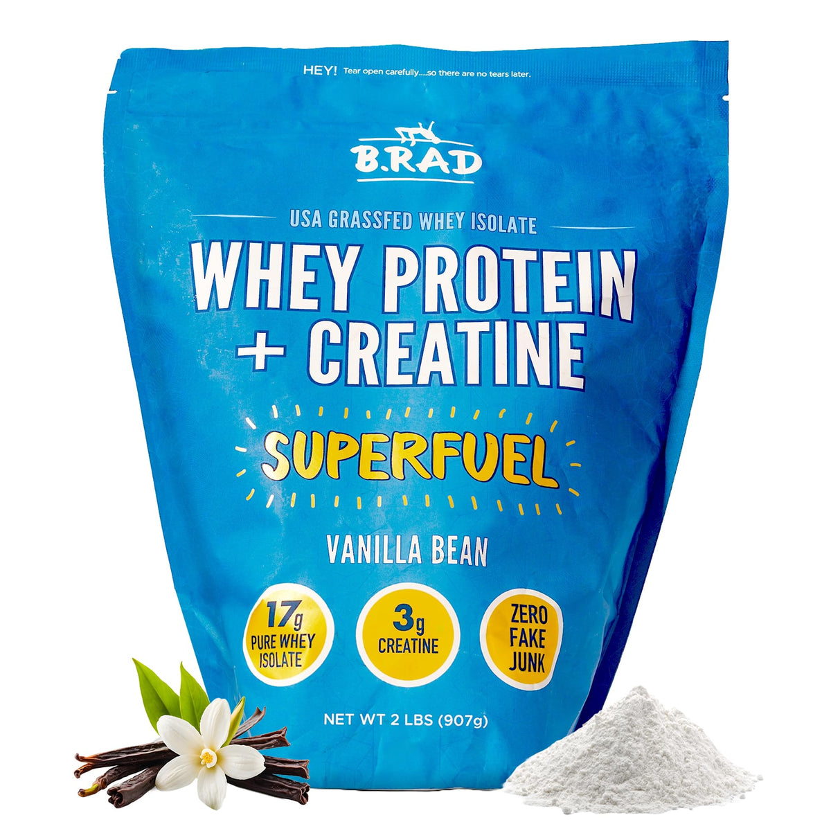 B.rad Superfuel whey-isolate vanilla-bean powder for a smooth protein shake and recovery.