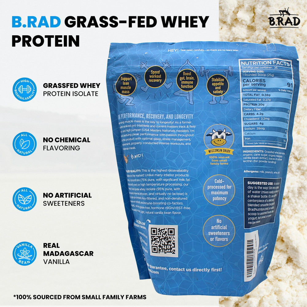 B.rad Whey Isolate Vanilla Bean scoop highlights flavor for delicious shakes.