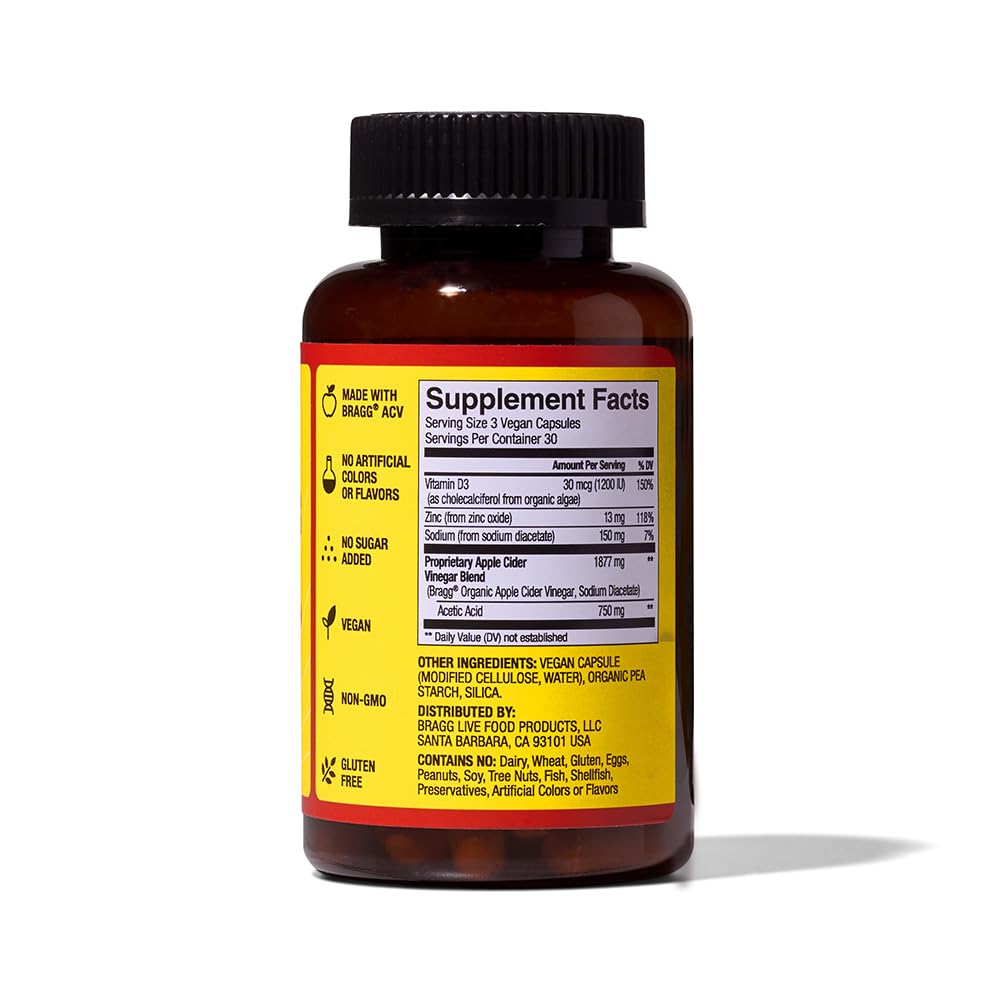 Vegan, non-GMO, kosher symbols on Bragg ACV capsules packaging