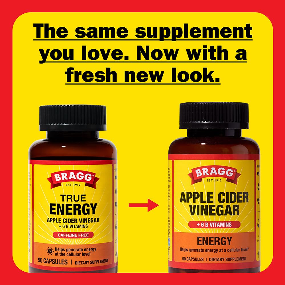 Labels highlight Non-GMO, Kosher, Vegan, Gluten-Free on Bragg ACV capsules