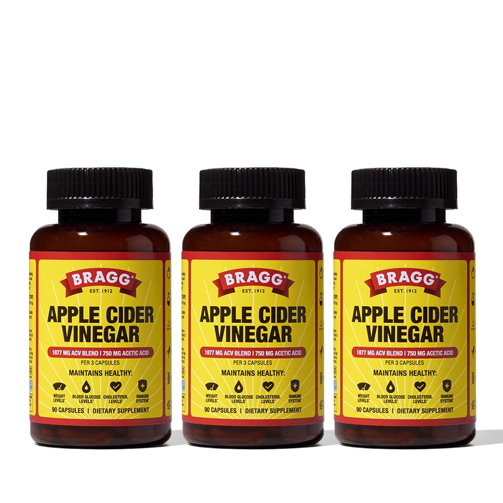 Bragg front packaging three-pack showing bottles and brand for convenient shelf storage