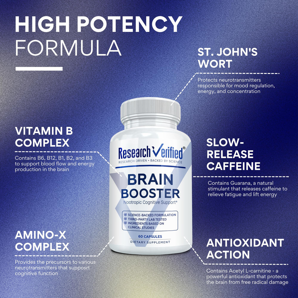 Brain Booster bottles stacked in a 3-bottle pack