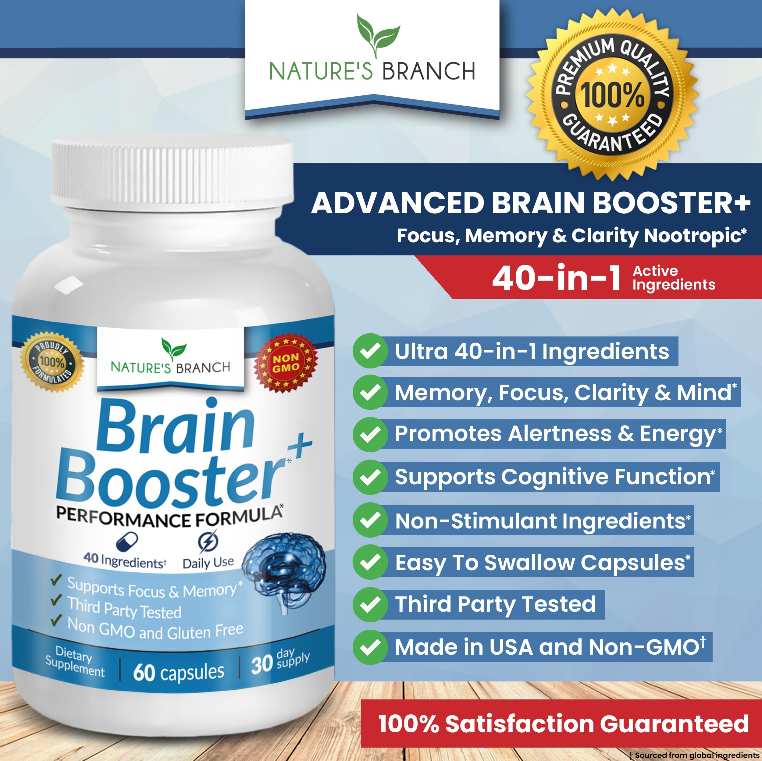 Packaging with non-GMO and gluten-free labels for Brain Booster