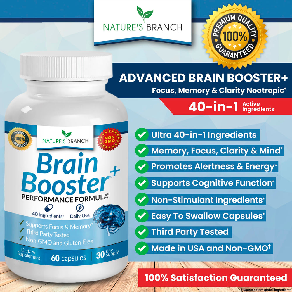 Packaging with non-GMO and gluten-free labels for Brain Booster