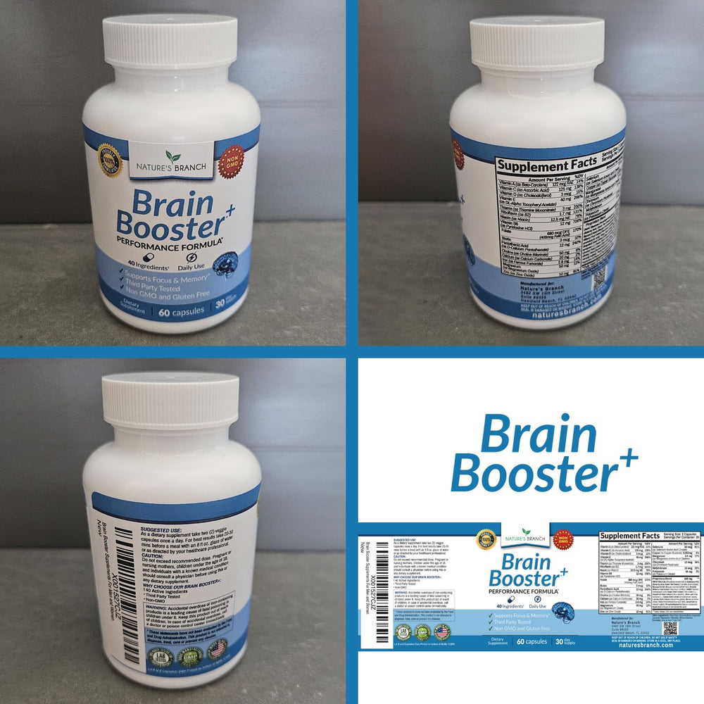 60 capsules bottle displayed with bold Brain Booster branding