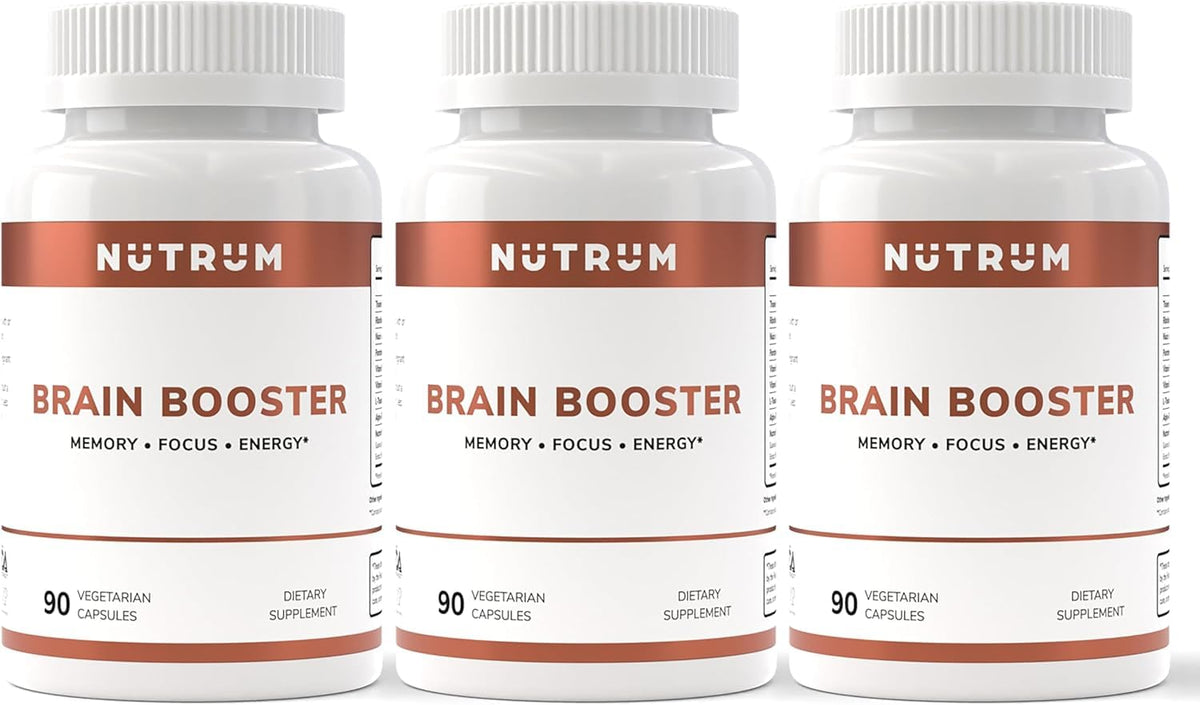 Nutrum Brain Booster bottle and packaging on white background