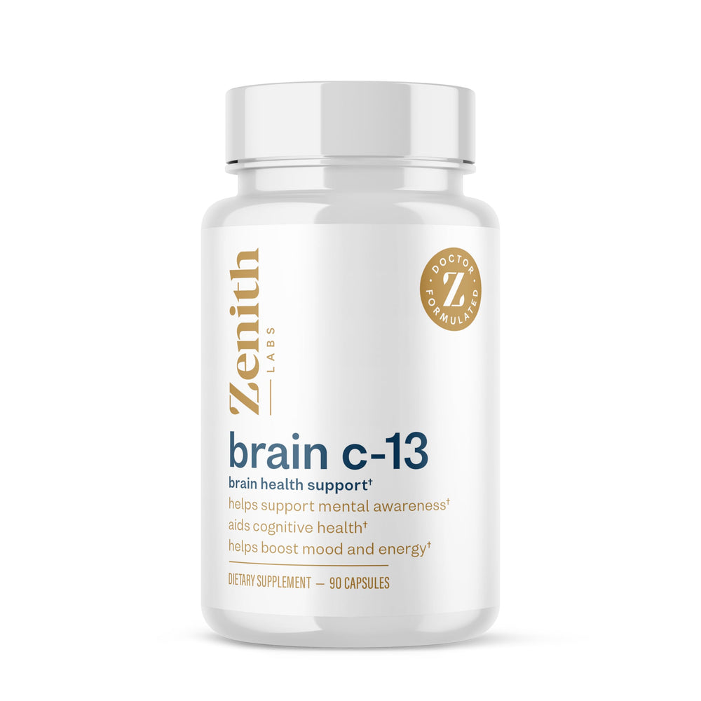 Bottle of Brain C-13 Cognitive Booster by Zenith Labs on a white background