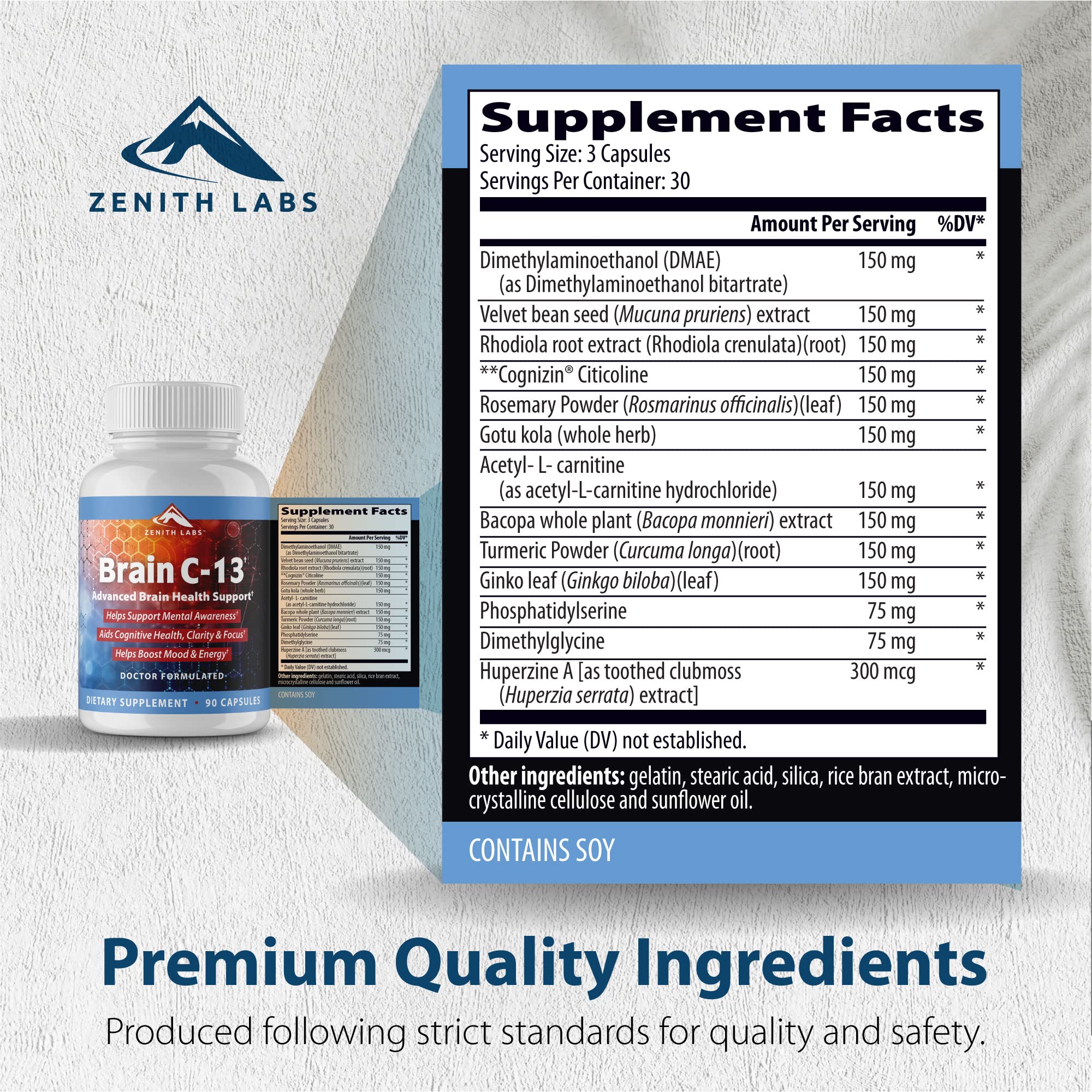Brain C-13 cognitive booster packaging alongside a supplement capsule