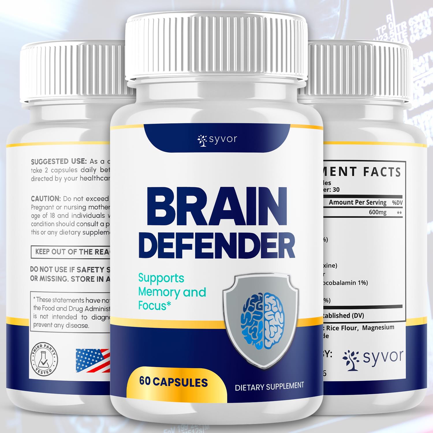 Close-up of Brain Defender 120-count bottle label